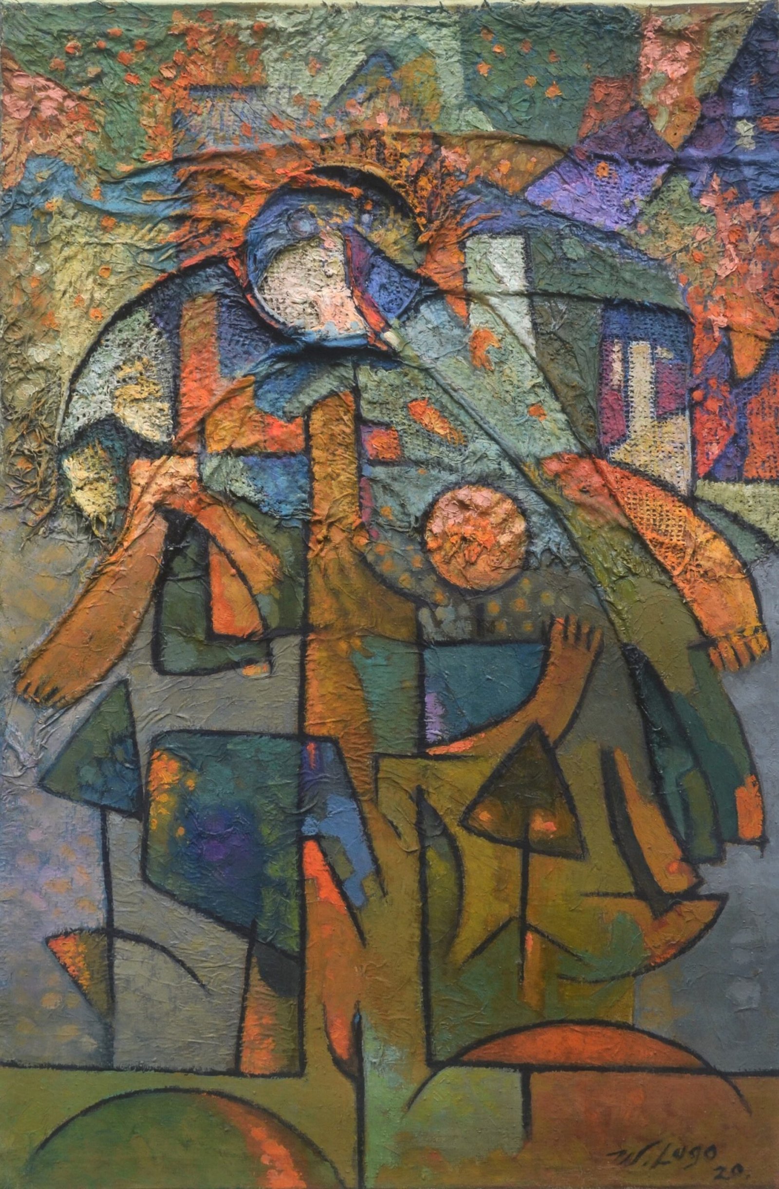 Personaje con niño, migrantes, técnica mixta de Wilmer Lugo